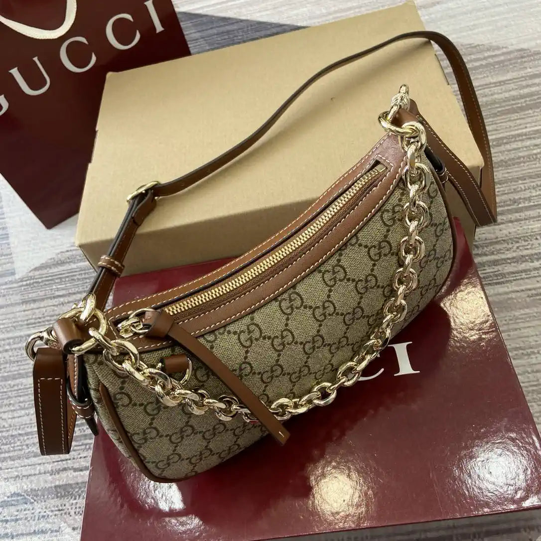 Gucci 847447 GG Emblem small shoulder bag Beige and dark brown