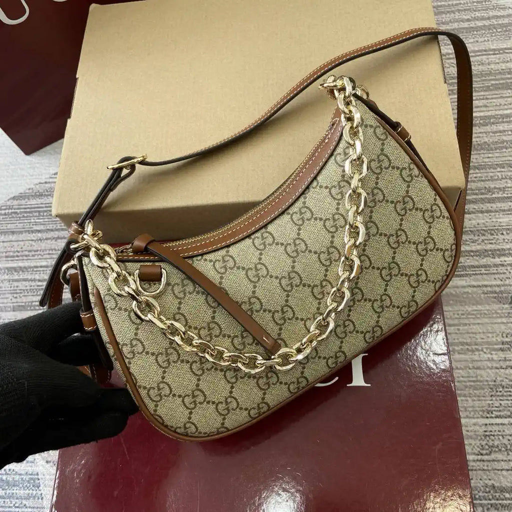 Gucci 847447 GG Emblem small shoulder bag Beige and dark brown