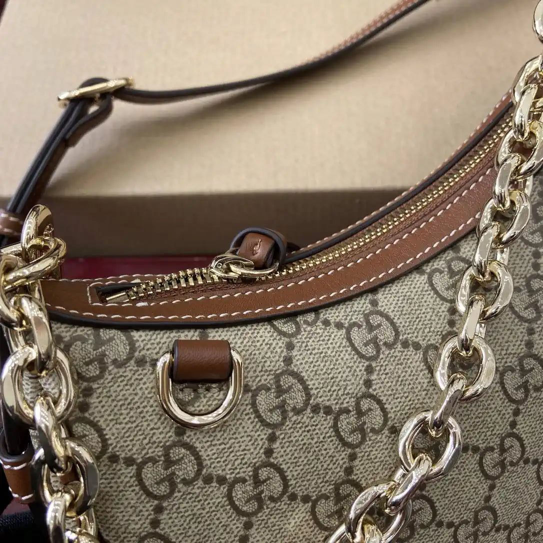 Gucci 847447 GG Emblem small shoulder bag Beige and dark brown