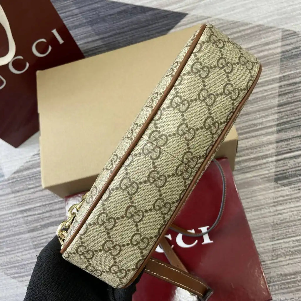Gucci 847447 GG Emblem small shoulder bag Beige and dark brown