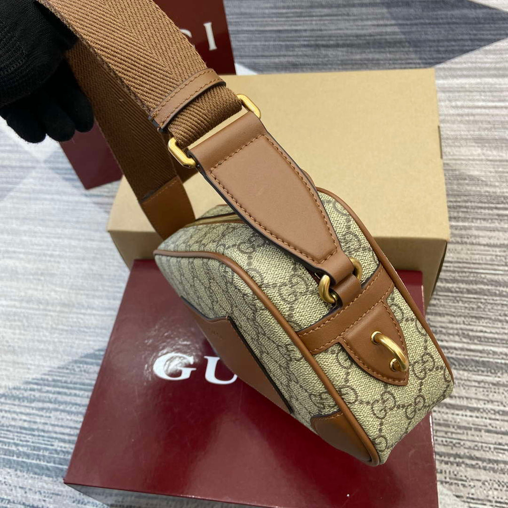 Gucci 821155 GG Emblem small crossbody bag Beige and dark brown