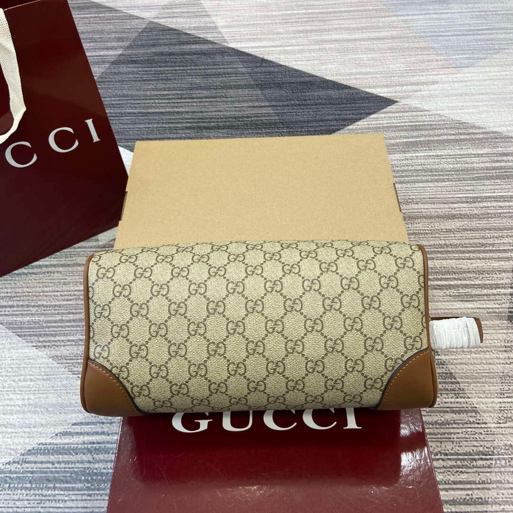 Gucci 821163 GG Emblem medium toiletry case Beige and dark brown