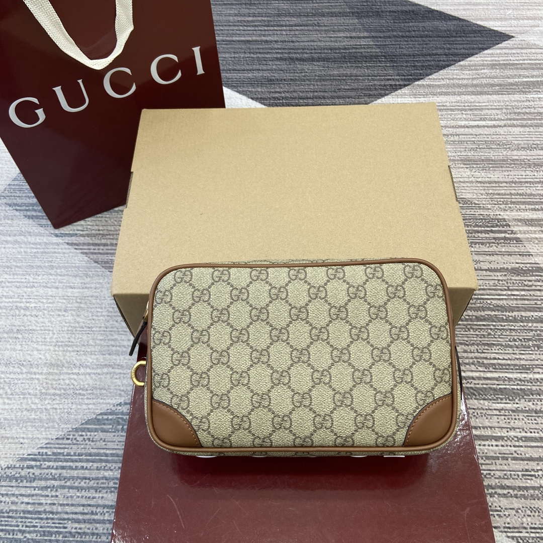 Gucci 821164 GG Emblem small toiletry case Beige and dark brown - Default Title - View 1