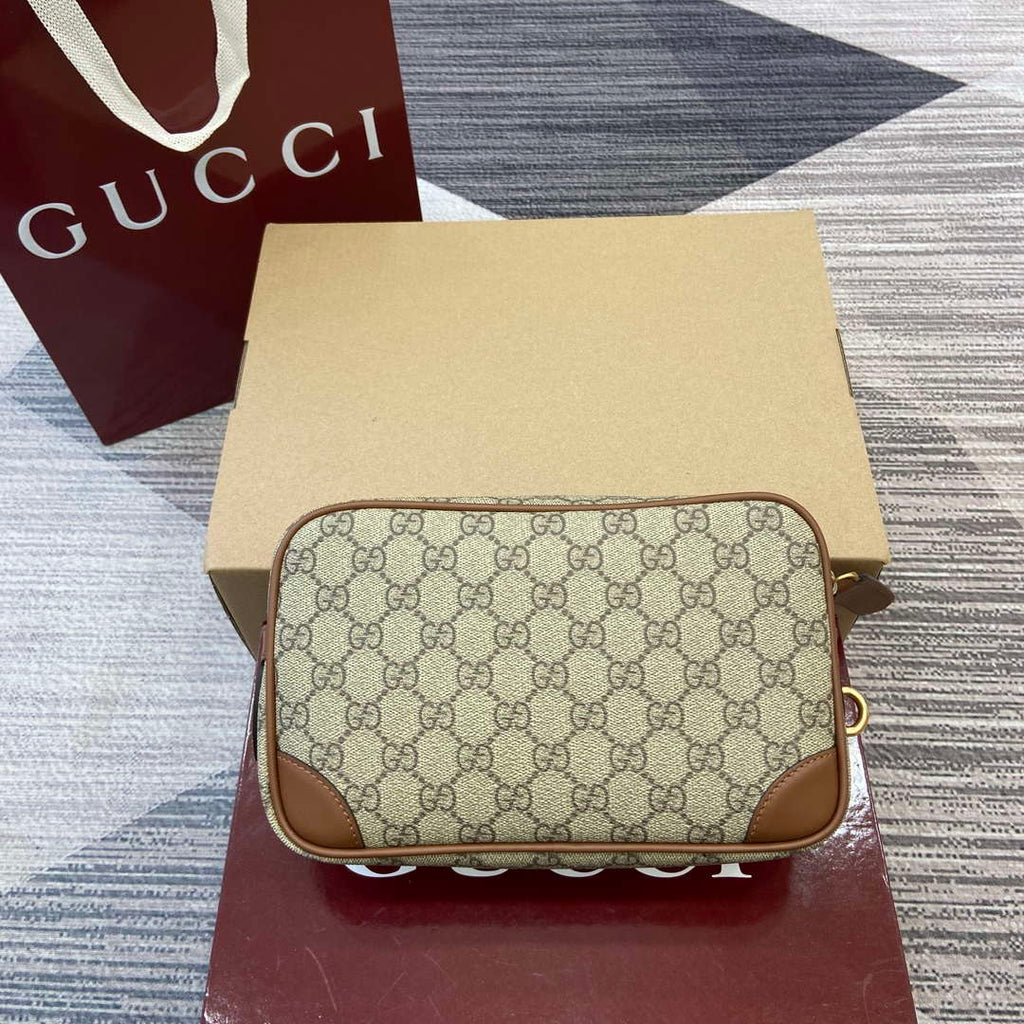 Gucci 821164 GG Emblem small toiletry case Beige and dark brown
