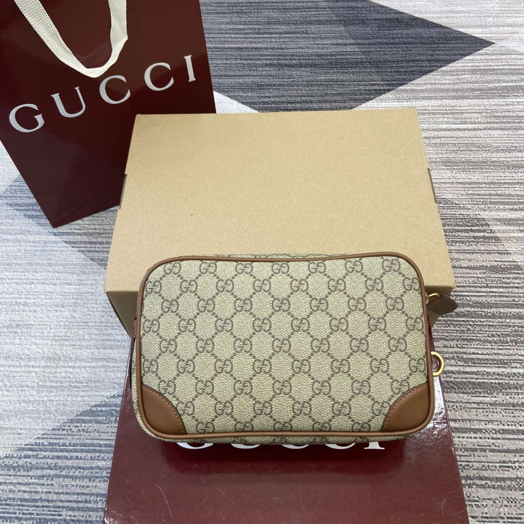 Gucci 821164 GG Emblem small toiletry case Beige and dark brown