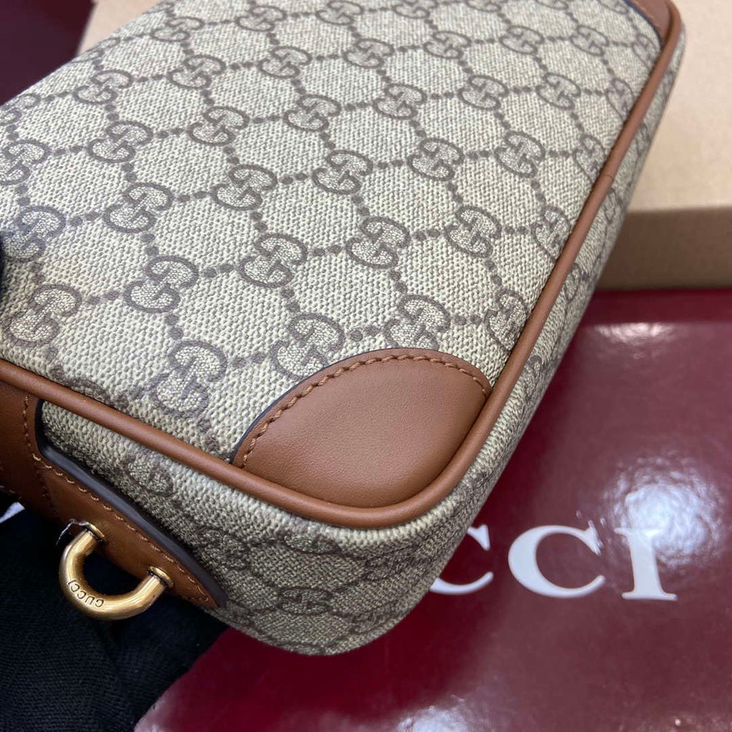Gucci 821164 GG Emblem small toiletry case Beige and dark brown