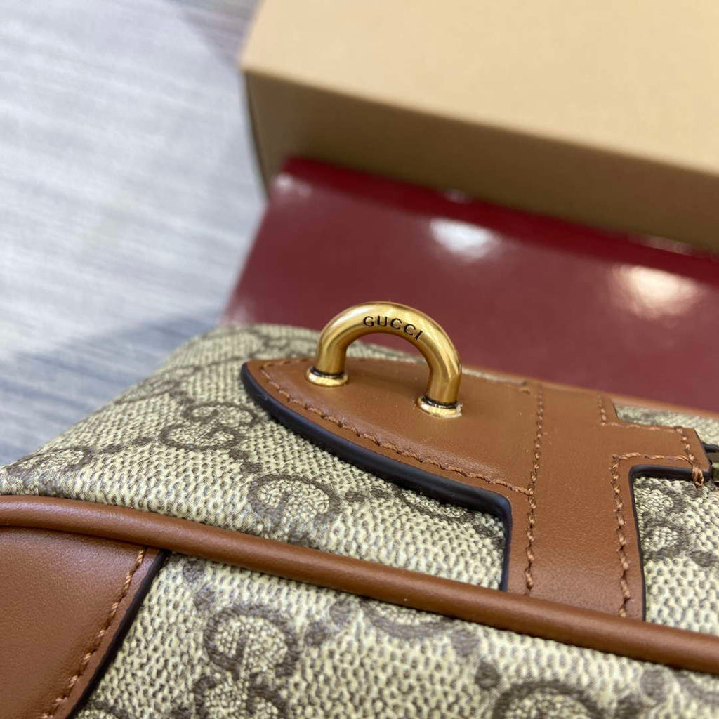 Gucci 821164 GG Emblem small toiletry case Beige and dark brown