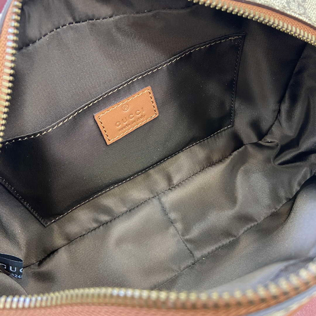 Gucci 821164 GG Emblem small toiletry case Beige and dark brown