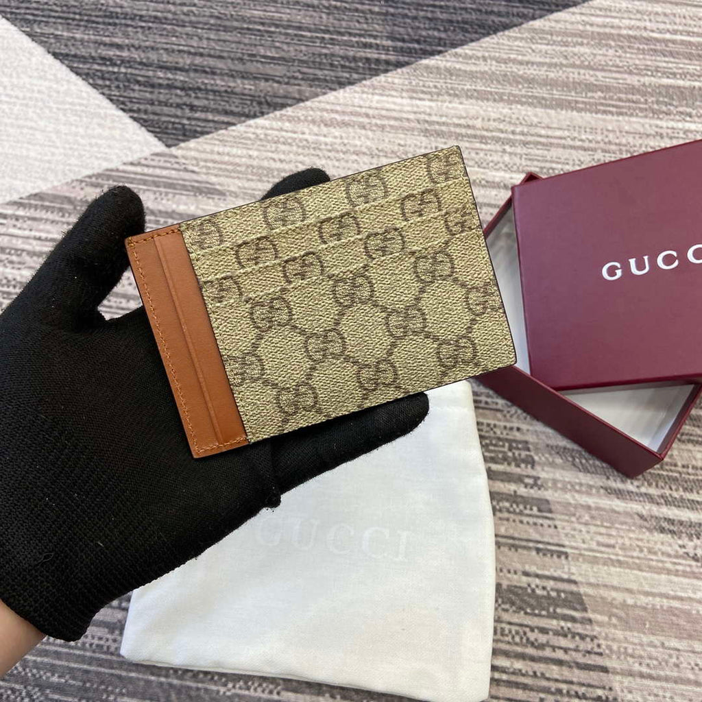 Gucci 821208 GG Emblem card case Beige and dark brown