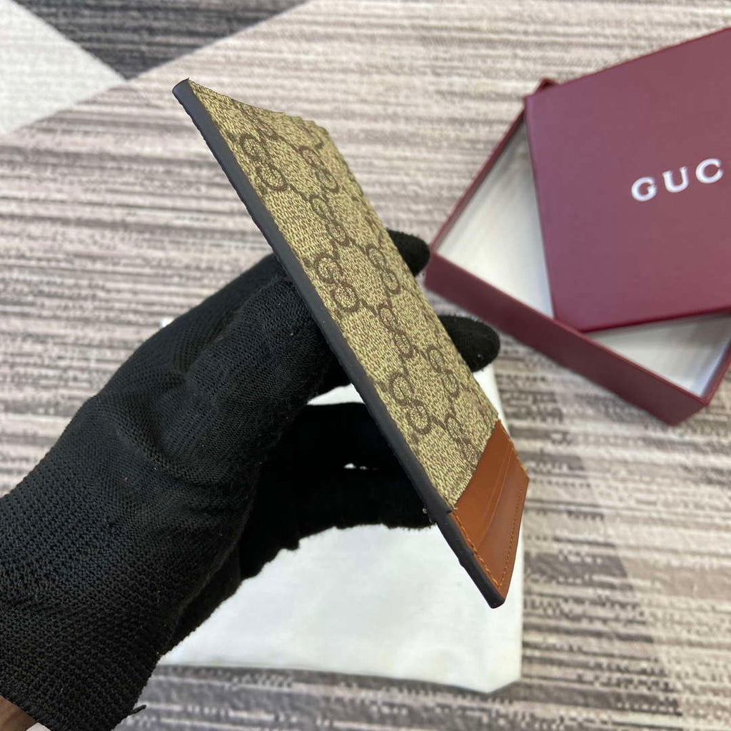 Gucci 821208 GG Emblem card case Beige and dark brown