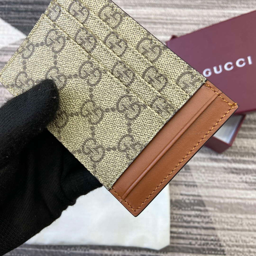Gucci 821208 GG Emblem card case Beige and dark brown