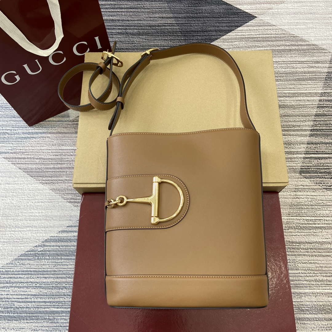 Gucci 833660 Gucci 73 Medium Bucket Bag Brown smooth leather - Default Title - View 1