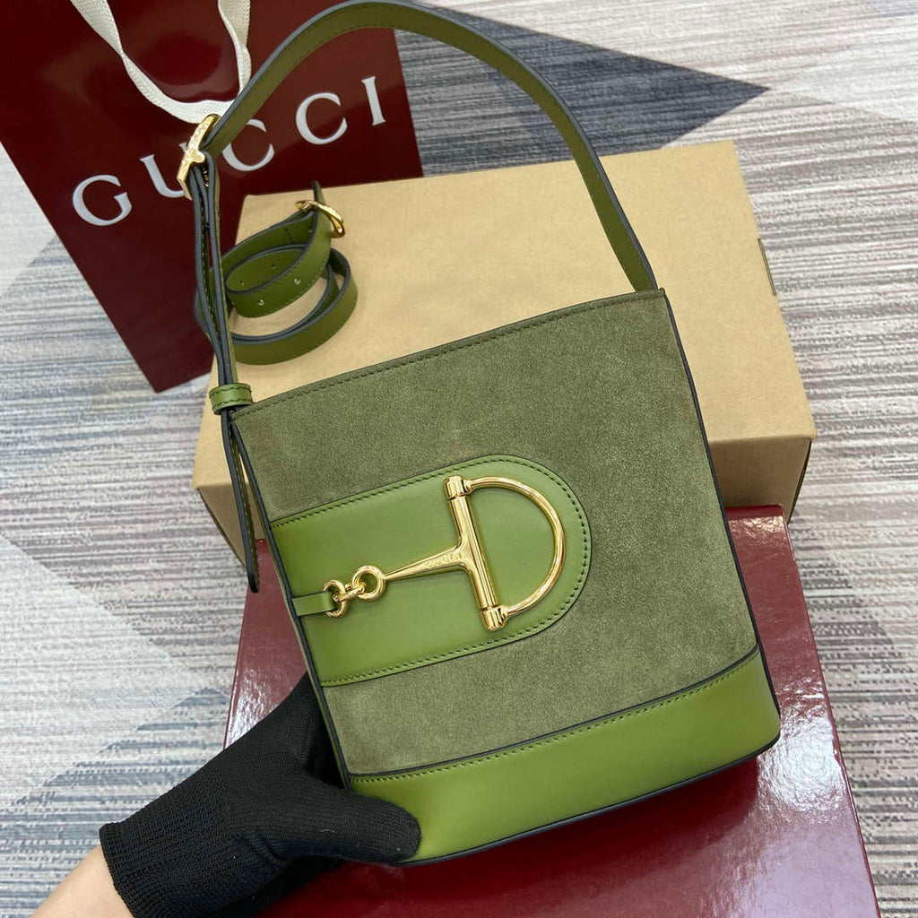 Gucci 833665 Gucci 73 Small Bucket Bag Green Suede