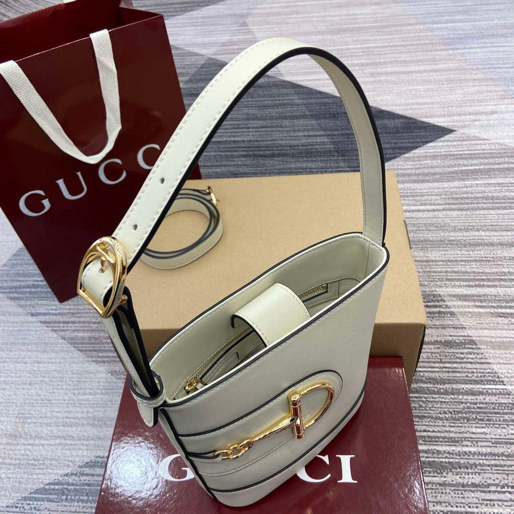 Gucci 833665 Gucci 73 Small Bucket Bag White Leather