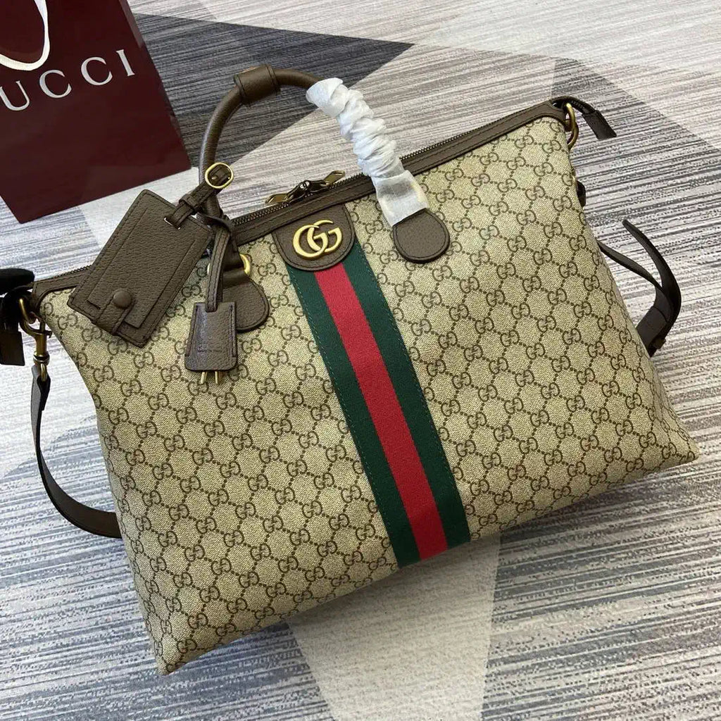 Gucci 834469 Gucci Savoy medium duffle bag beige and dark brown fabric