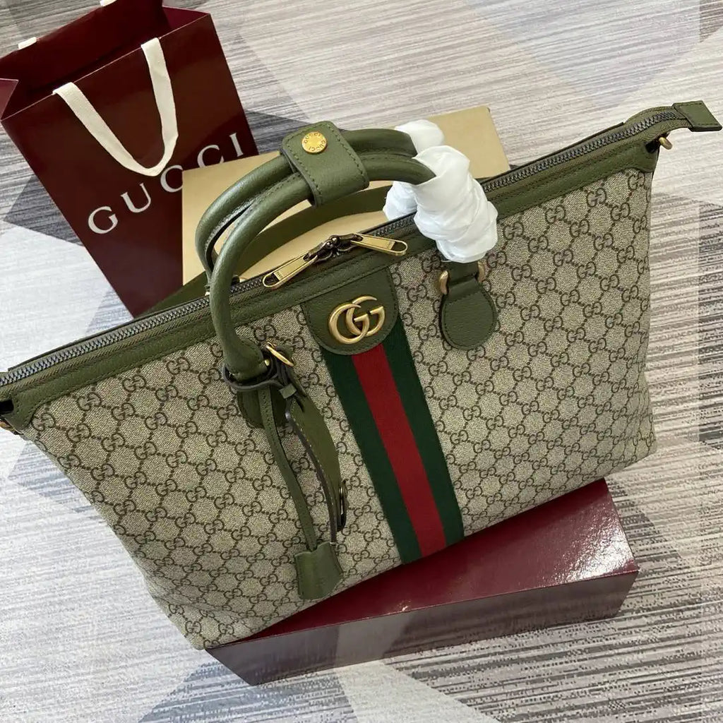 Gucci 834469 Gucci Savoy medium duffle bag beige and Green fabric