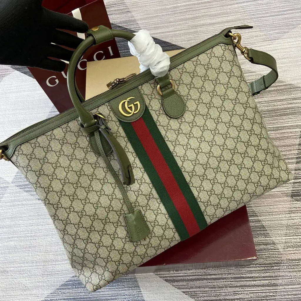 Gucci 834469 Gucci Savoy medium duffle bag beige and Green fabric