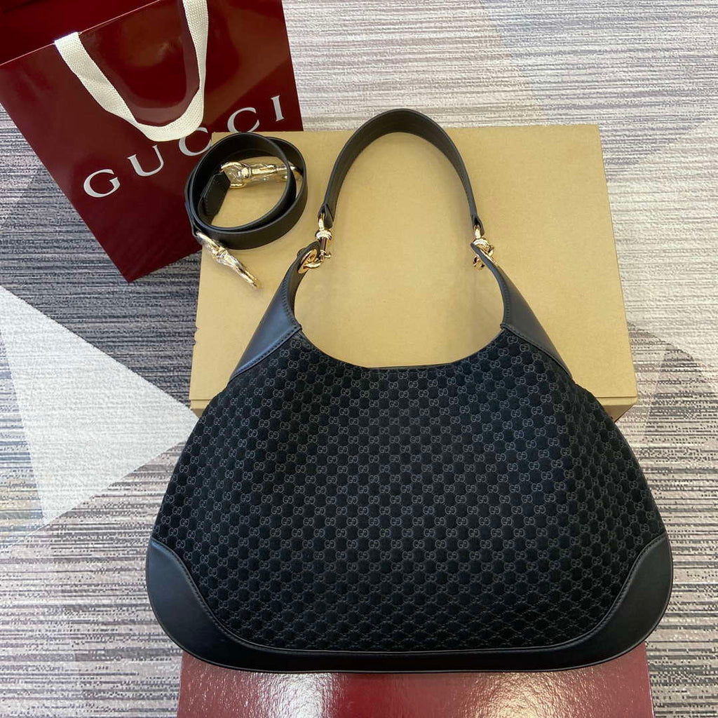 Gucci 834981 Gucci B medium Shoulder Bag Black Velvet Embossed