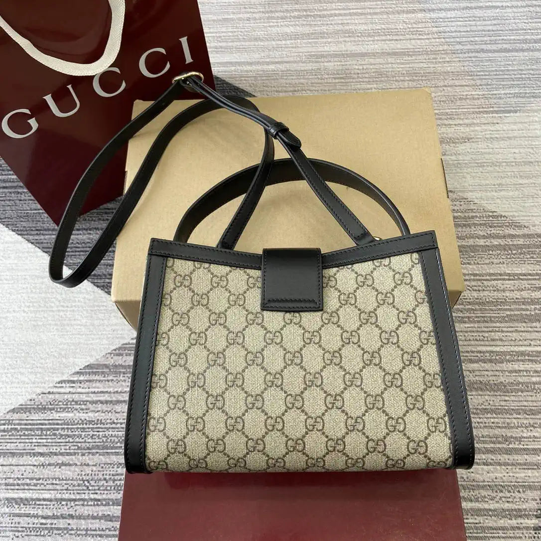 Gucci 838992 Padlock medium top handle bag beige and Black GG fabric