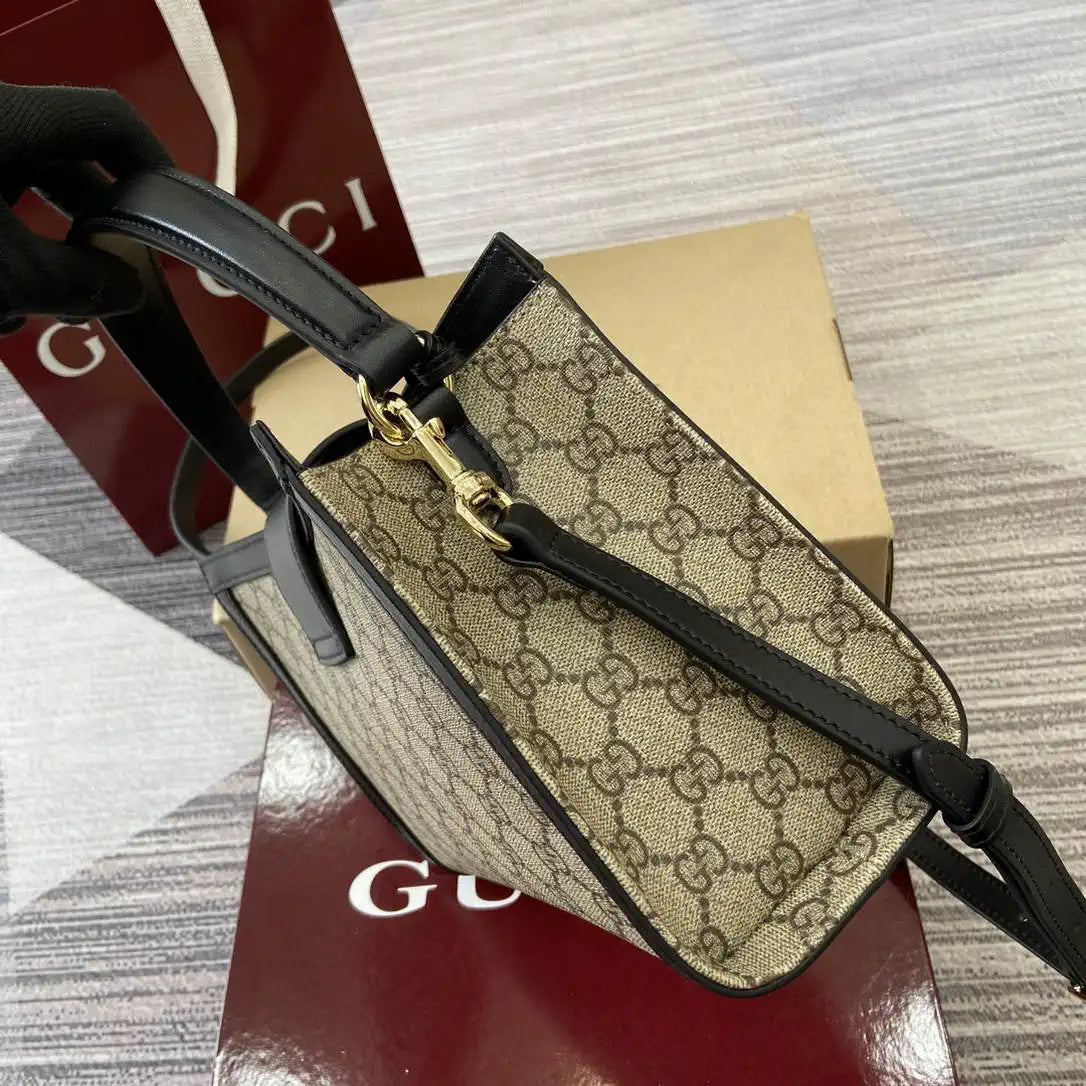 Gucci 838992 Padlock medium top handle bag beige and Black GG fabric