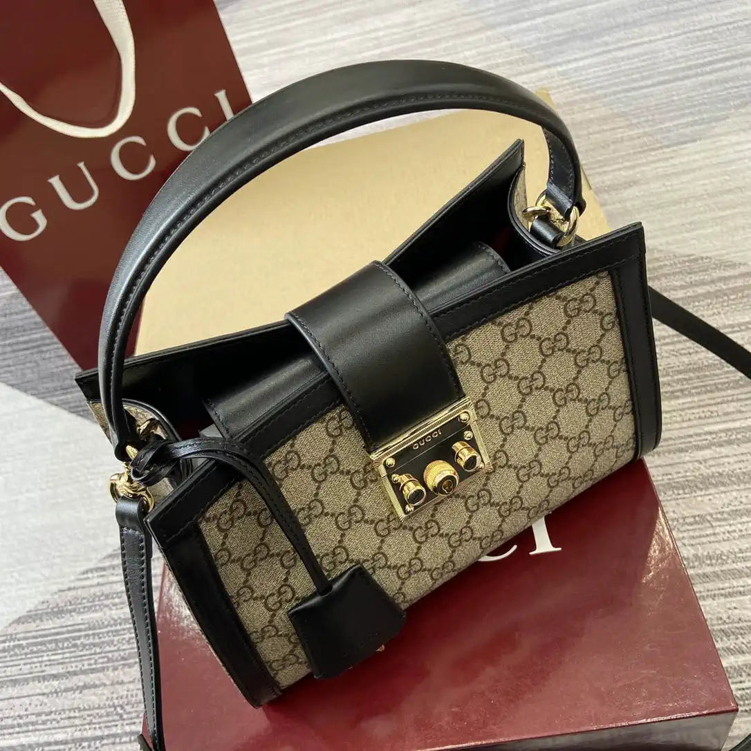 Gucci 838992 Padlock medium top handle bag beige and Black GG fabric