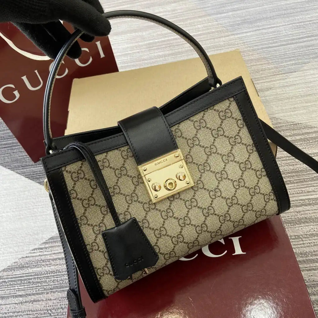 Gucci 838992 Padlock medium top handle bag beige and Black GG fabric