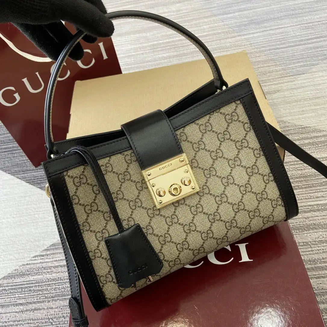 Gucci 838992 Padlock medium top handle bag beige and Black GG fabric