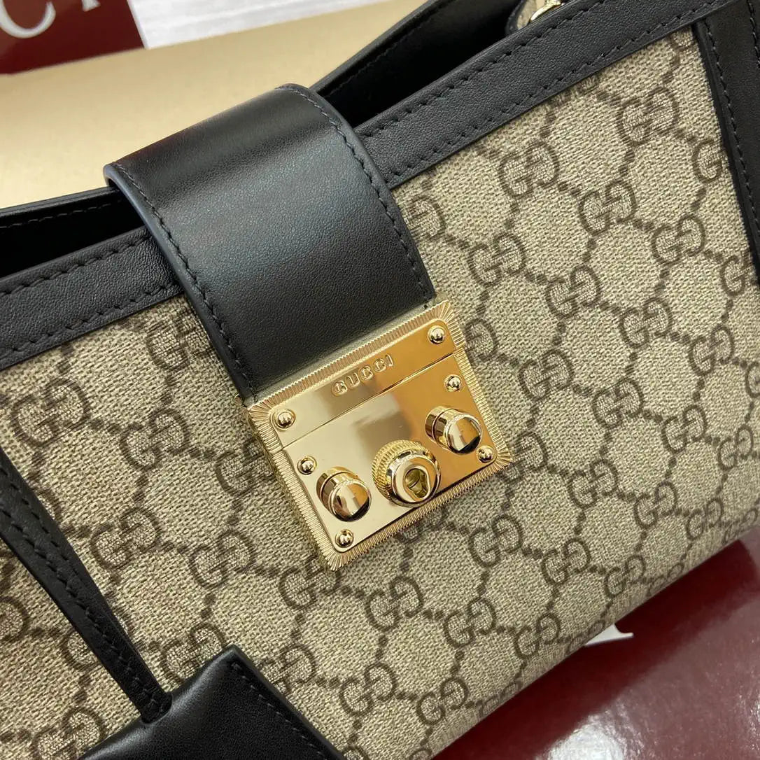 Gucci 838992 Padlock medium top handle bag beige and Black GG fabric