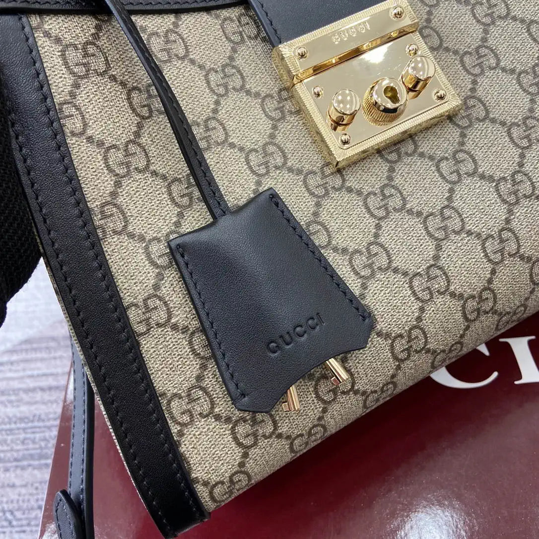 Gucci 838992 Padlock medium top handle bag beige and Black GG fabric