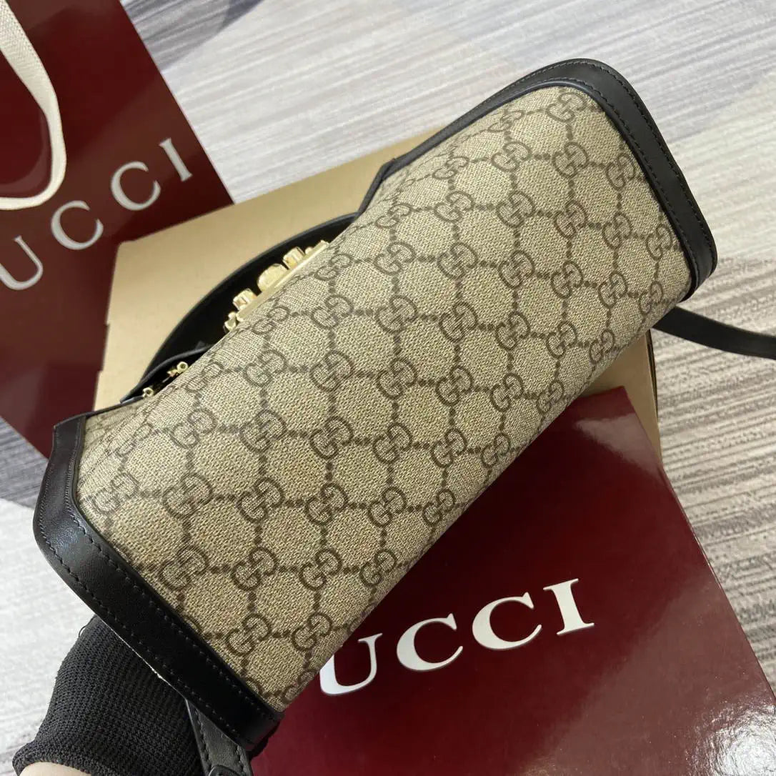 Gucci 838992 Padlock medium top handle bag beige and Black GG fabric
