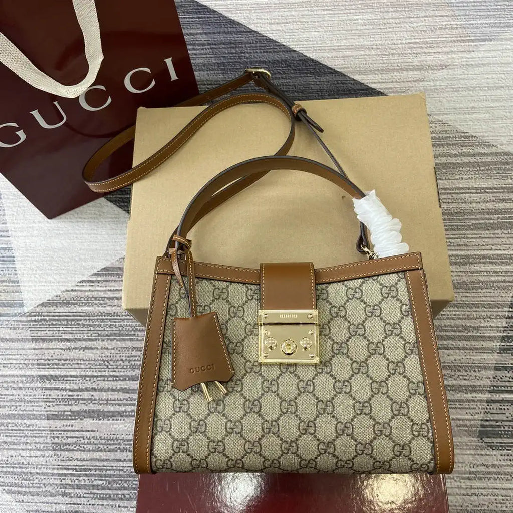 Gucci 838992 Padlock medium top handle bag beige and brown GG fabric