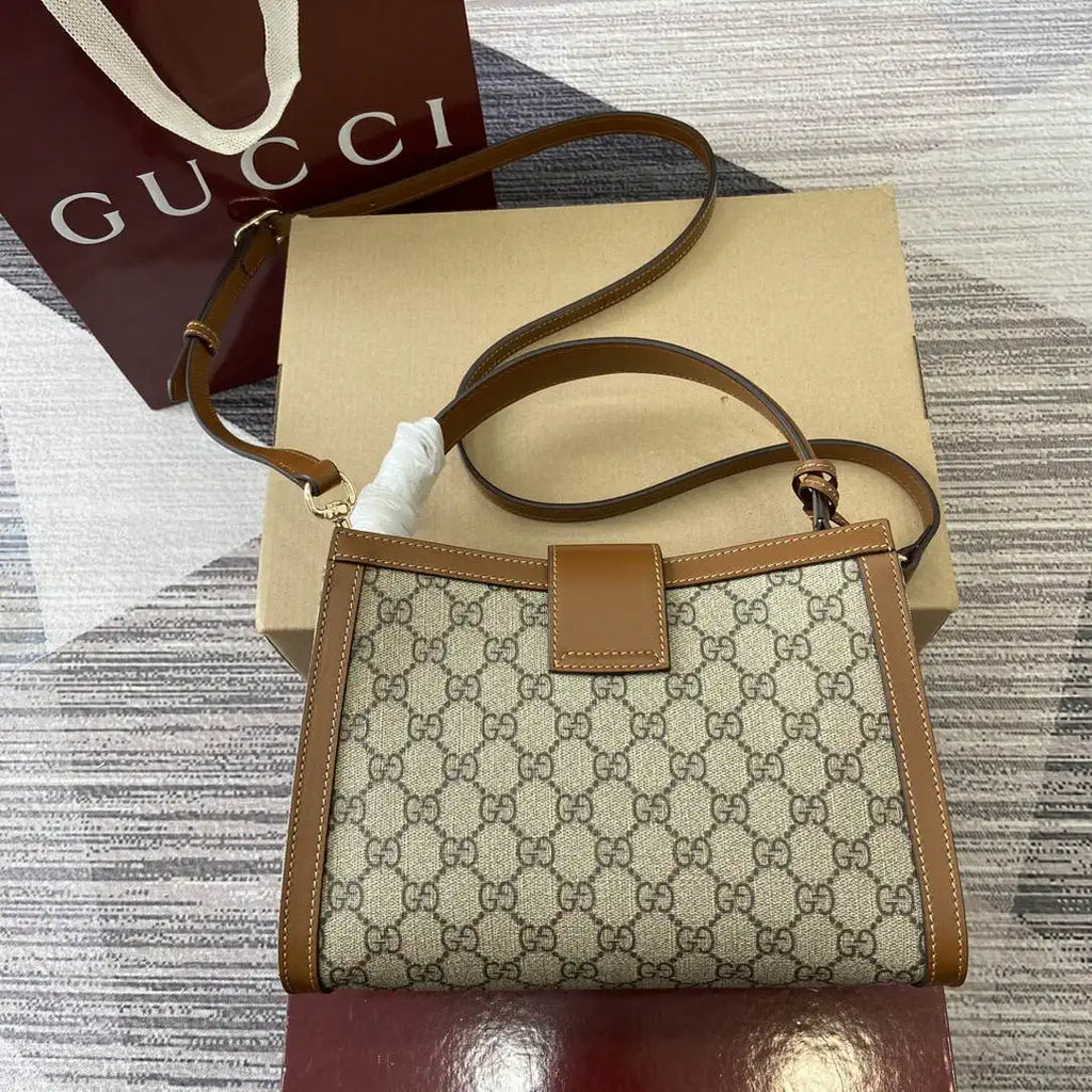 Gucci 838992 Padlock medium top handle bag beige and brown GG fabric