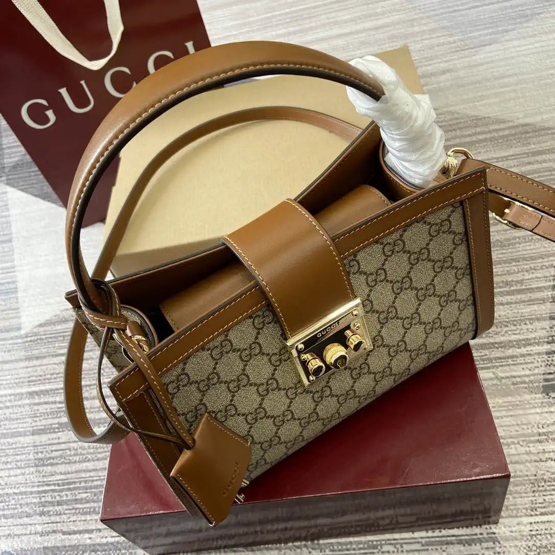 Gucci 838992 Padlock medium top handle bag beige and brown GG fabric