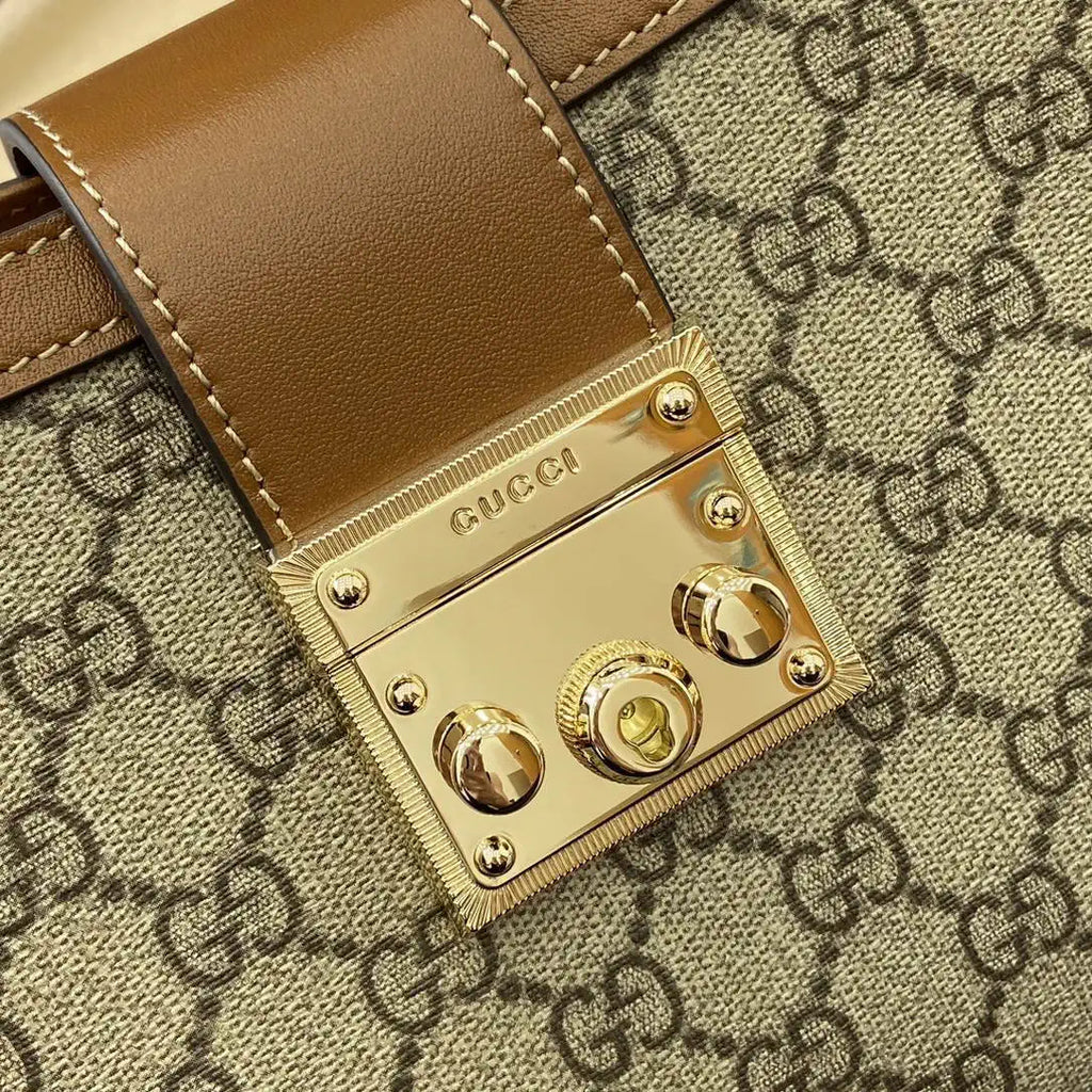 Gucci 838992 Padlock medium top handle bag beige and brown GG fabric