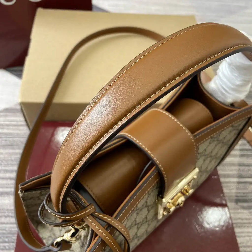 Gucci 838992 Padlock medium top handle bag beige and brown GG fabric