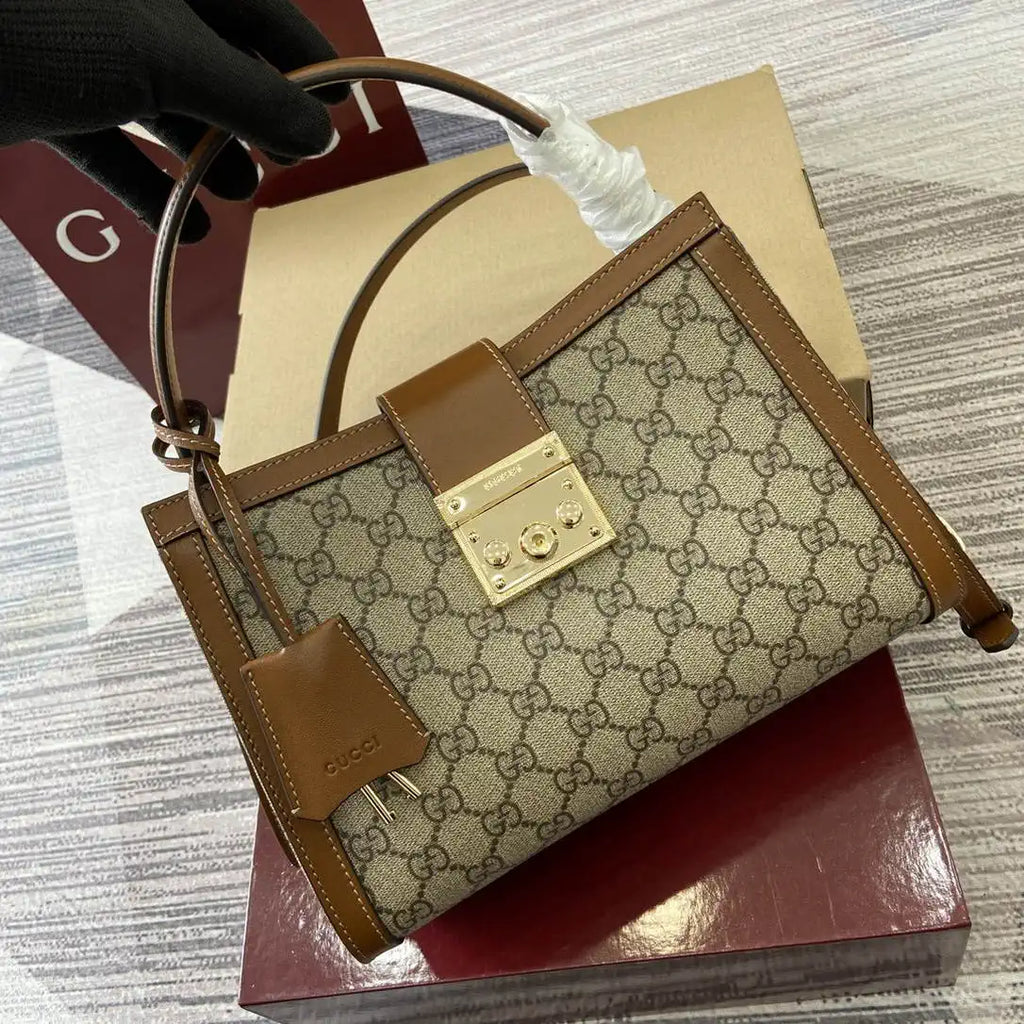 Gucci 838992 Padlock medium top handle bag beige and brown GG fabric