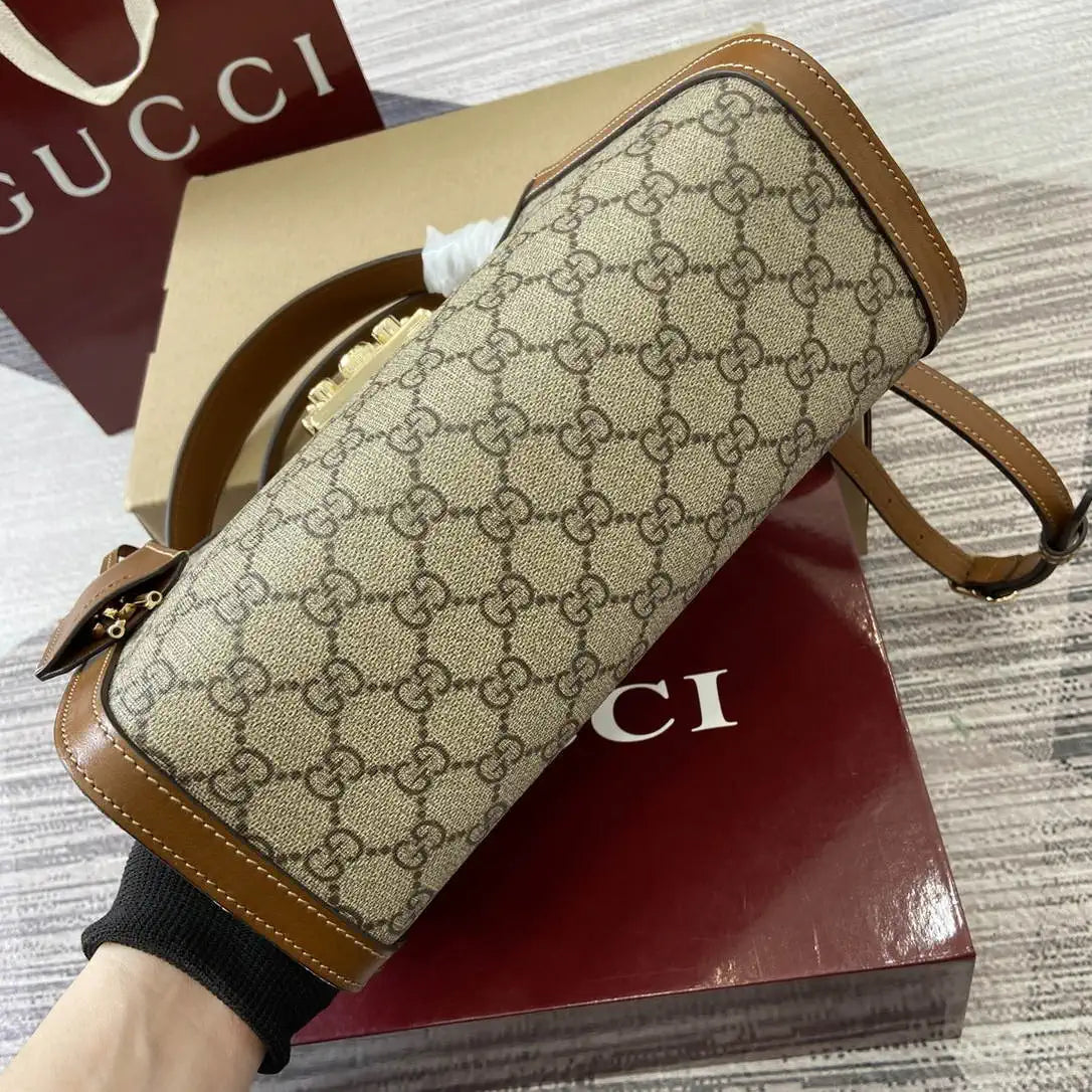 Gucci 838992 Padlock medium top handle bag beige and brown GG fabric