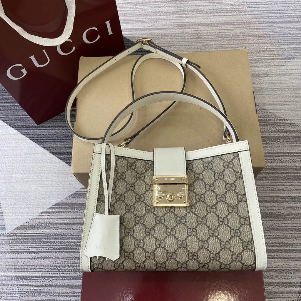 Gucci 838992 Padlock medium top handle bag beige and White GG fabric