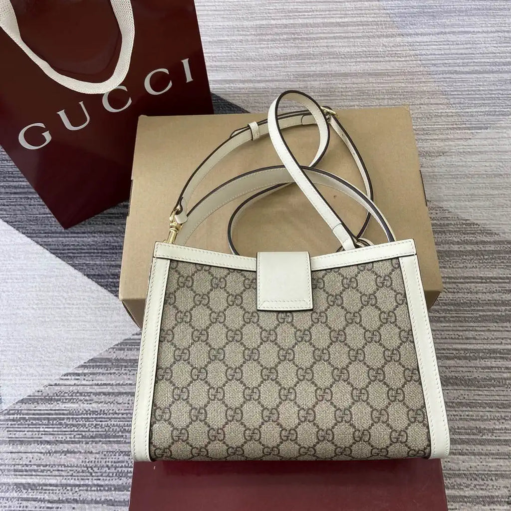 Gucci 838992 Padlock medium top handle bag beige and White GG fabric