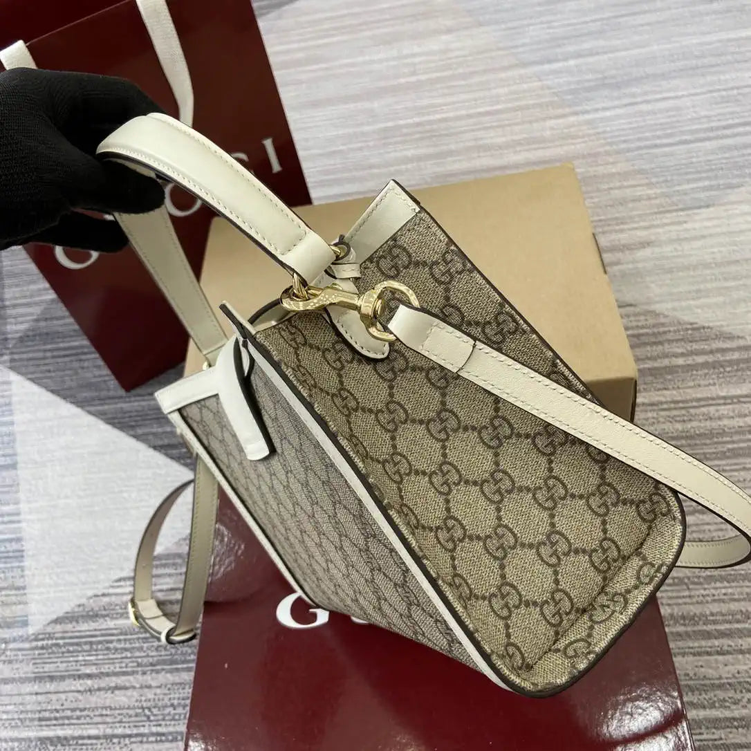 Gucci 838992 Padlock medium top handle bag beige and White GG fabric