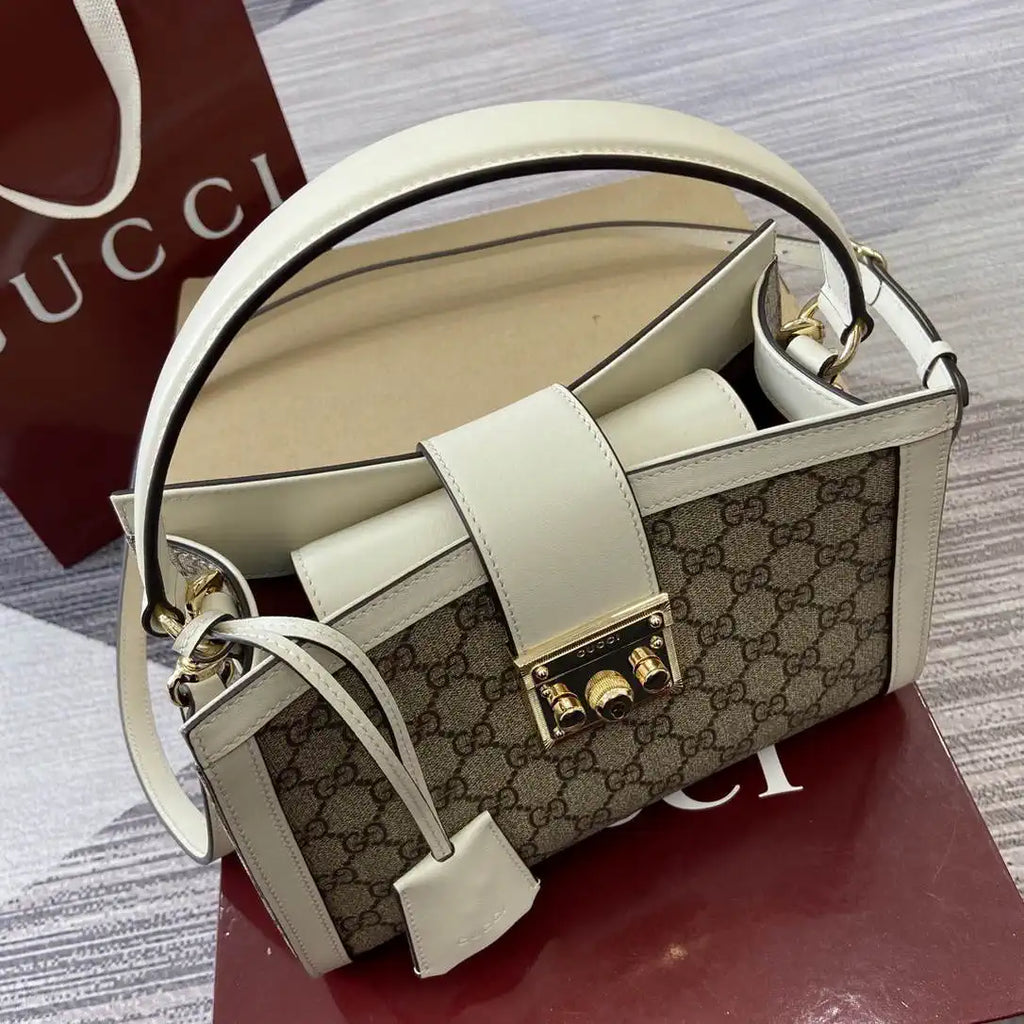 Gucci 838992 Padlock medium top handle bag beige and White GG fabric