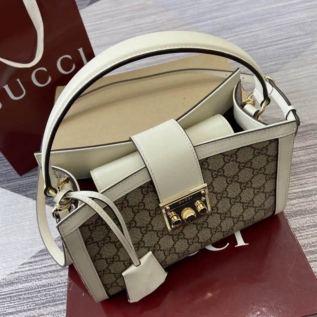 Gucci 838992 Padlock medium top handle bag beige and White GG fabric