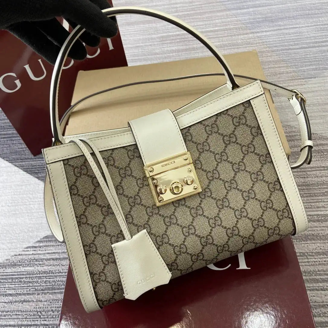 Gucci 838992 Padlock medium top handle bag beige and White GG fabric