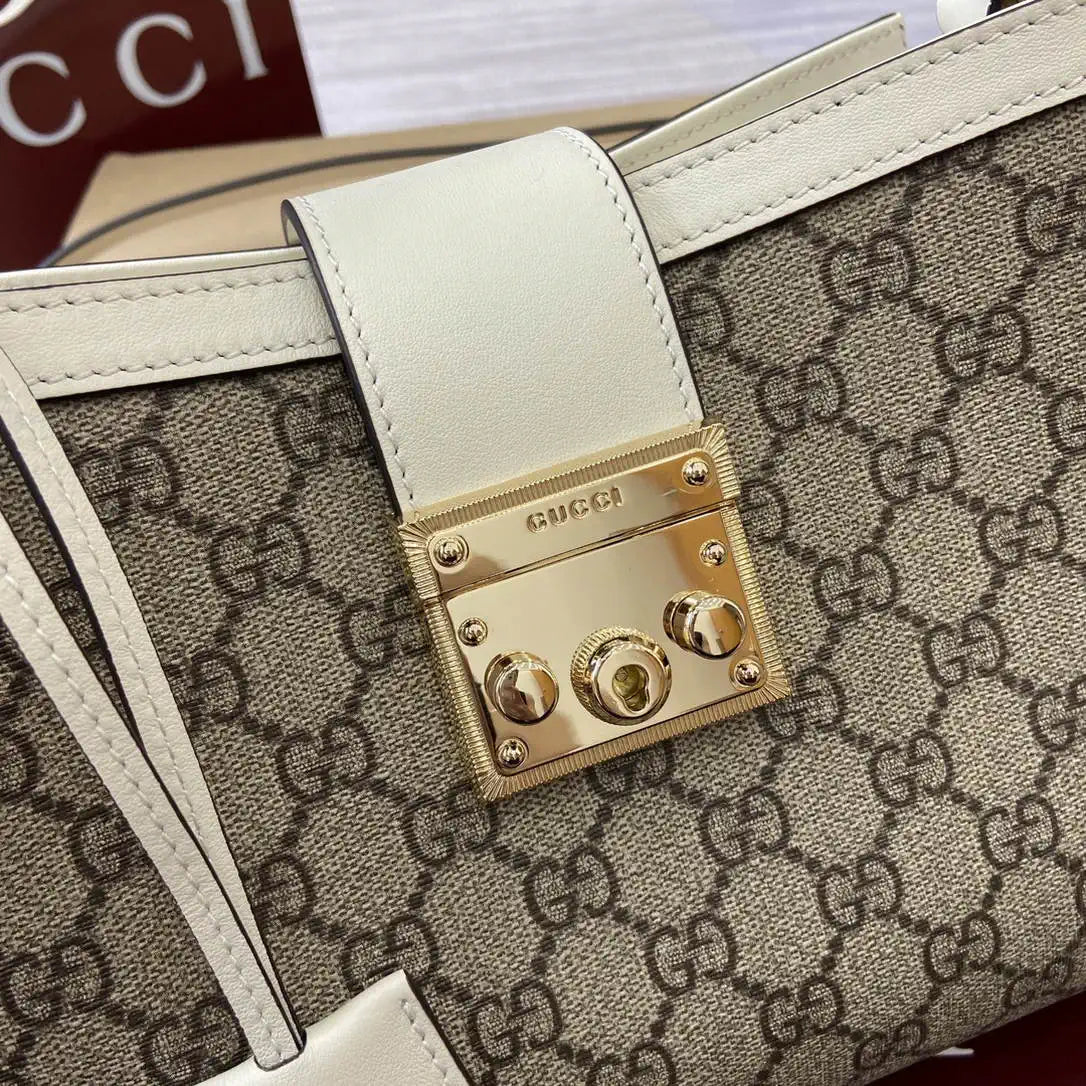 Gucci 838992 Padlock medium top handle bag beige and White GG fabric