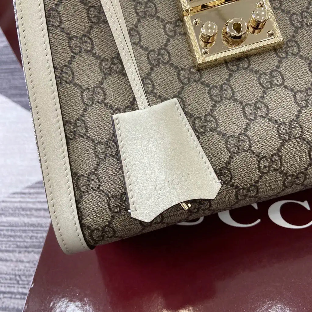 Gucci 838992 Padlock medium top handle bag beige and White GG fabric