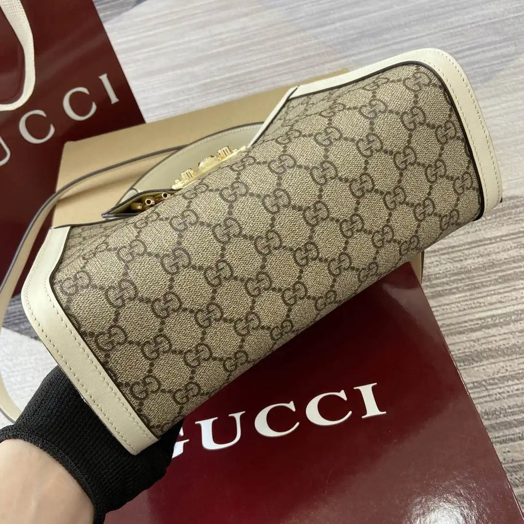 Gucci 838992 Padlock medium top handle bag beige and White GG fabric