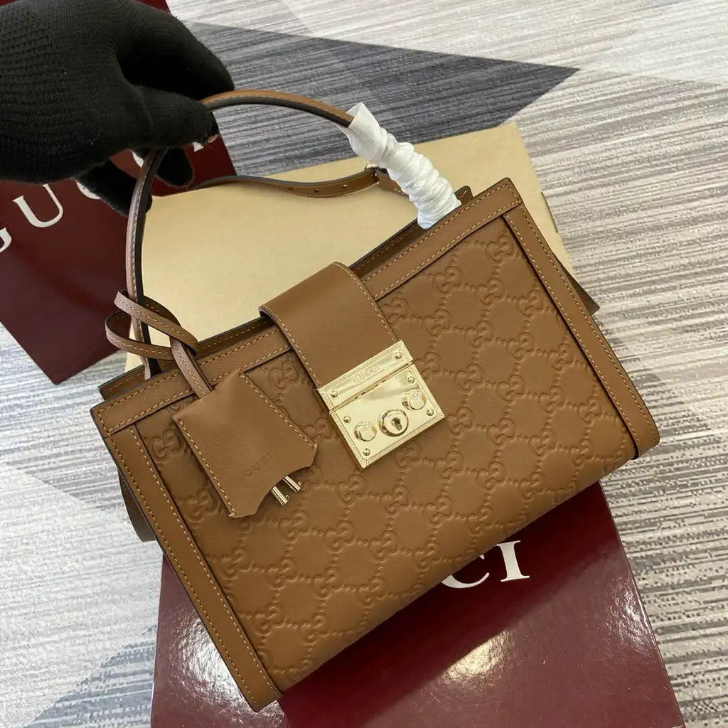 Gucci 838992 Padlock medium top handle bag Brown GG leather