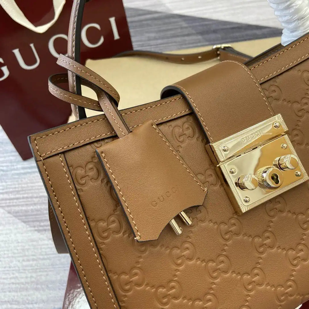Gucci 838992 Padlock medium top handle bag Brown GG leather