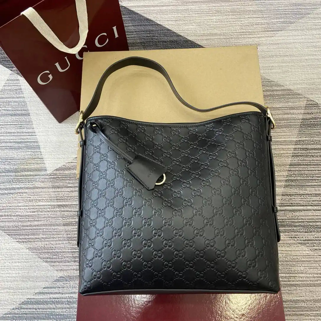 Gucci 847452 GG Emblem medium shoulder bag black GG leather