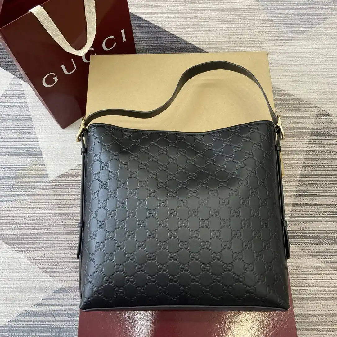 Gucci 847452 GG Emblem medium shoulder bag black GG leather